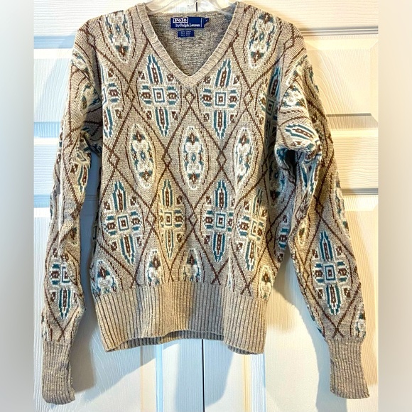 Polo Ralph Lauren Sweater Mens Sz M Brown Aztec Geometric V